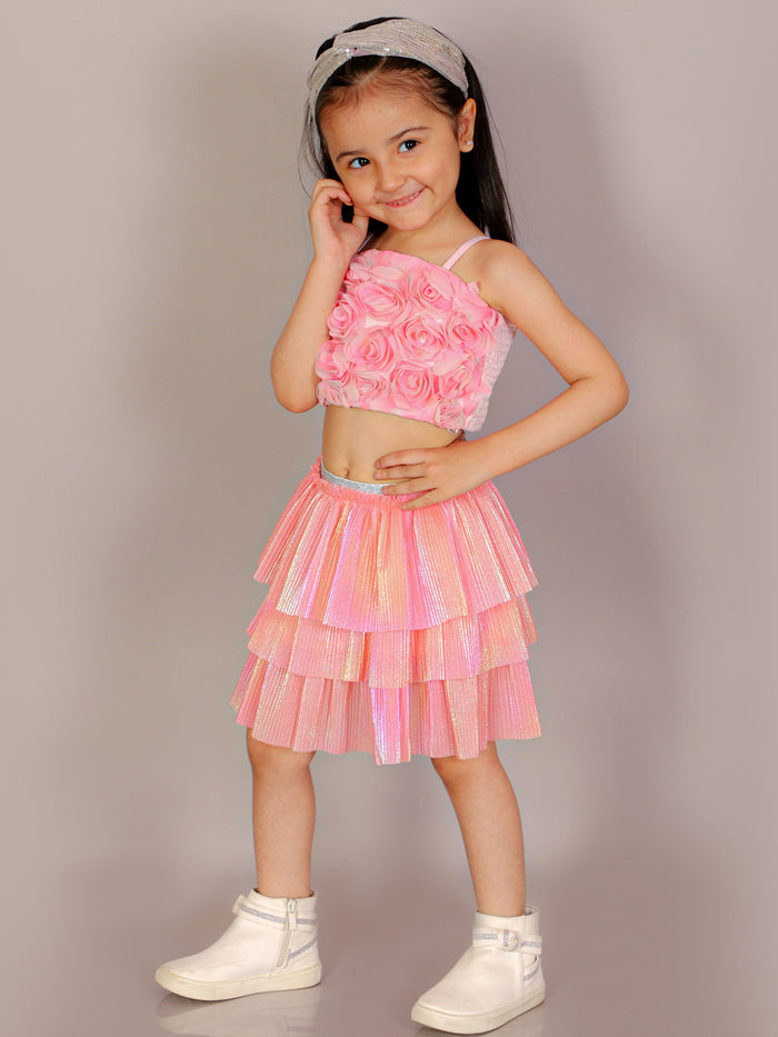 Paris Nights Girls Pink 3D Flower Party Crop Top And Skirt Set