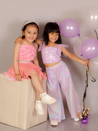 Paris Nights Girls Pink 3D Flower Party Crop Top And Skirt Set