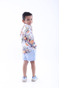 Orange and Dragonfly Printed Shirt and Blue Shorts