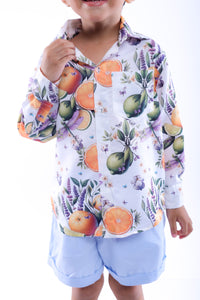 Orange and Dragonfly Printed Shirt and Blue Shorts