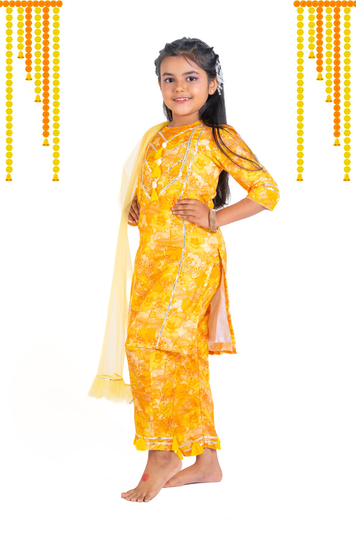 Yellow Floral Suit With Straight Pants