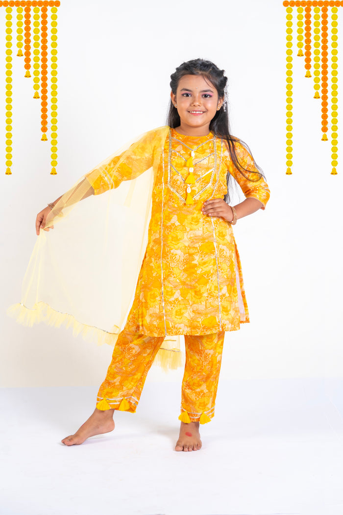 Yellow Floral Suit With Straight Pants