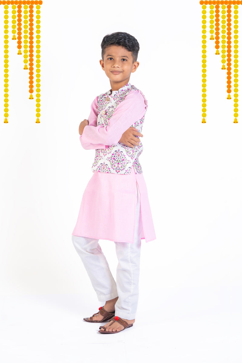 Pink Cotton Kurta And Straight Pant With Floral Bandi