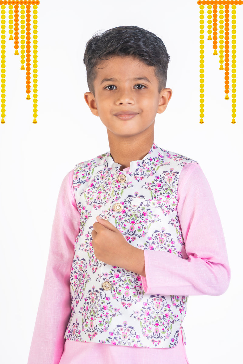 Pink Cotton Kurta And Straight Pant With Floral Bandi