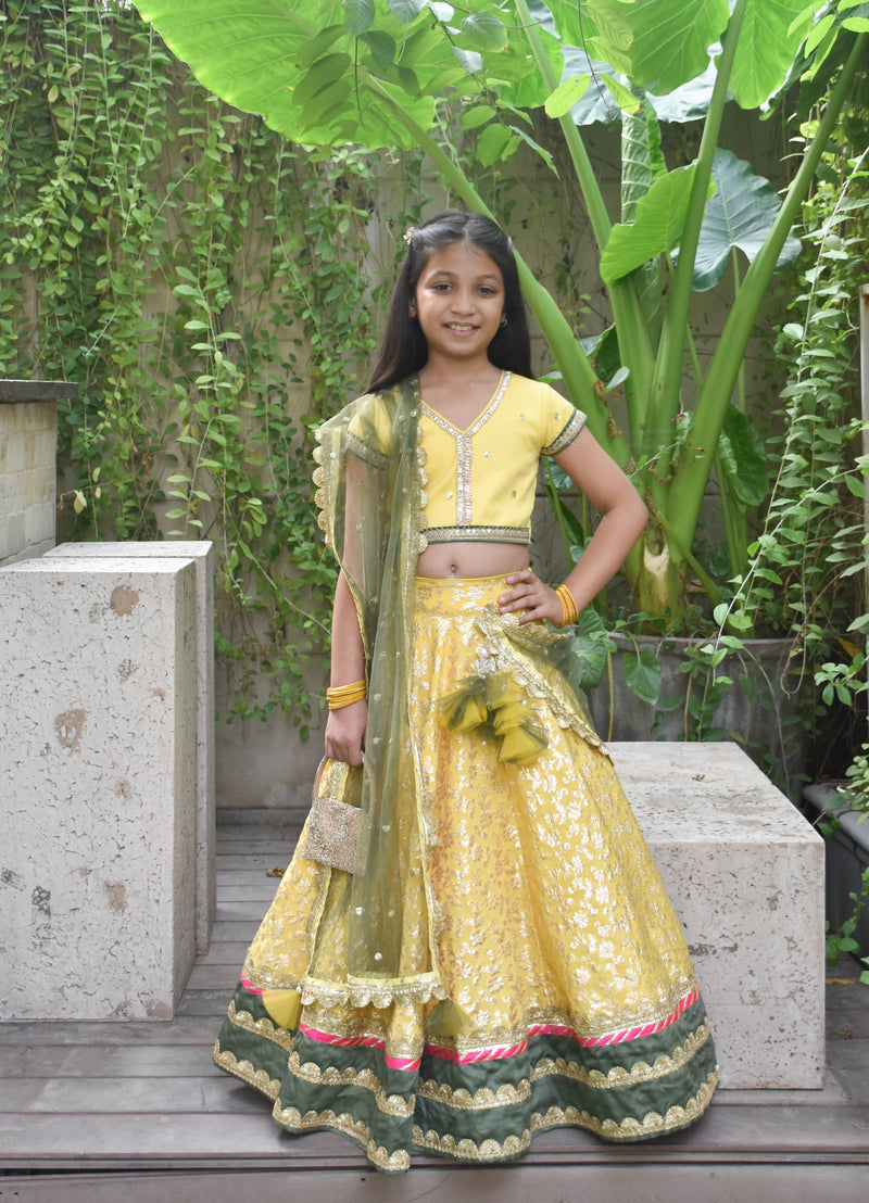 Yellow Boti Choli With Lehenga and Dupatta