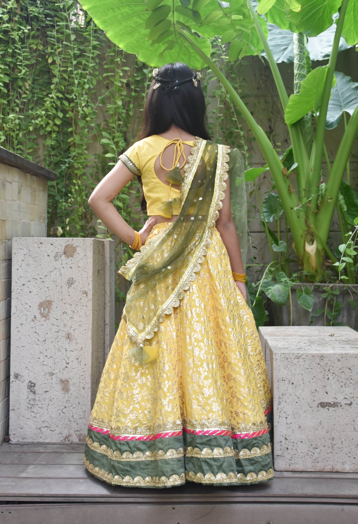 Yellow Boti Choli With Lehenga and Dupatta
