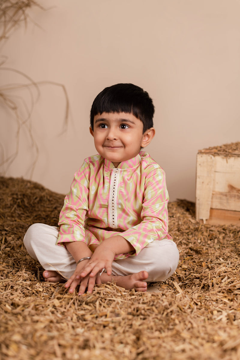 Pink Green Ikkat Kurta