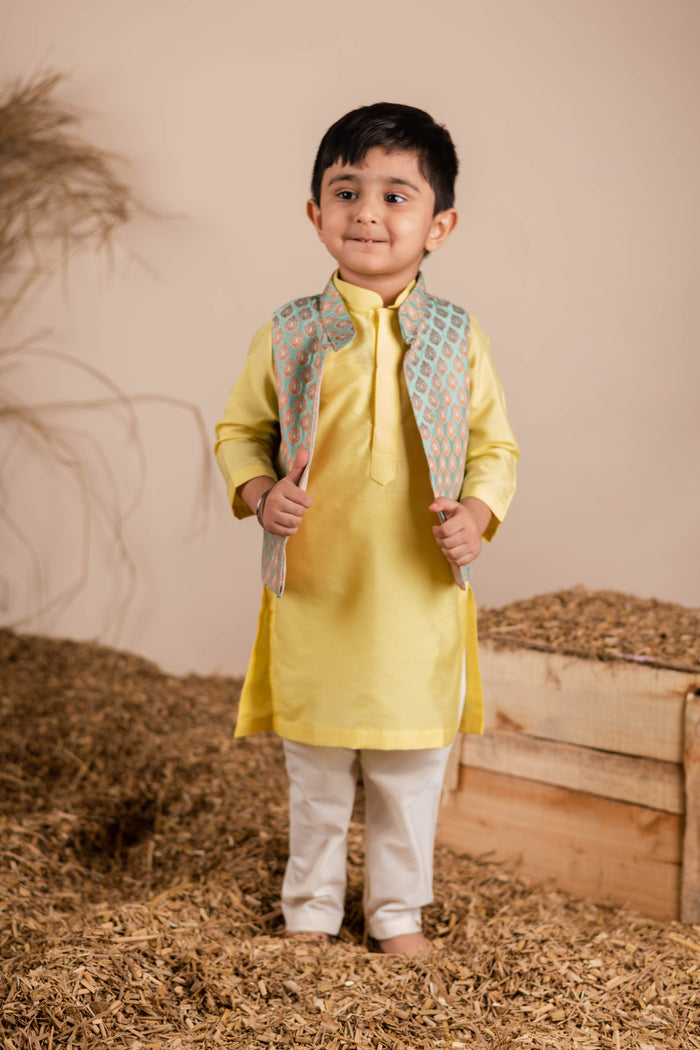 Yellow Green Brocade Kurta Jacket