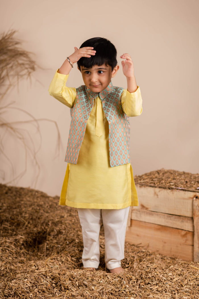 Yellow Green Brocade Kurta Jacket