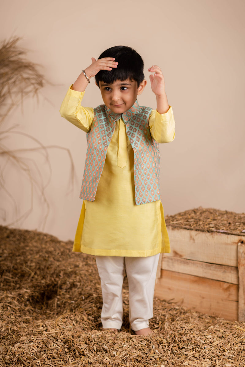 Yellow Green Brocade Kurta Jacket
