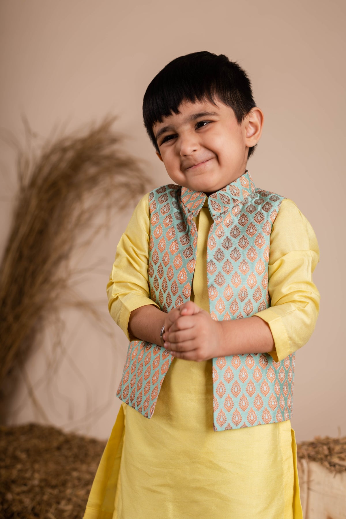 Yellow Green Brocade Kurta Jacket
