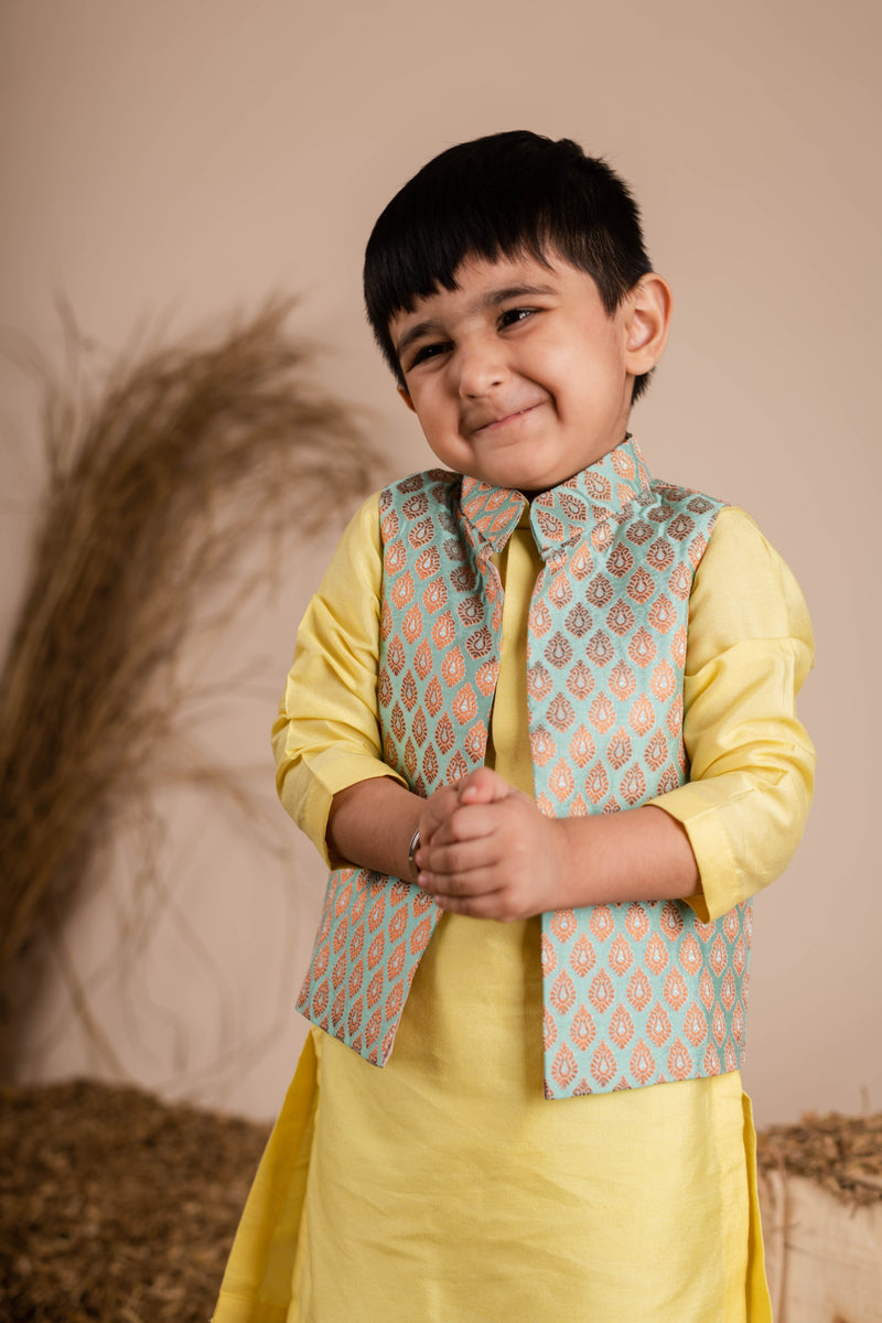 Yellow Green Brocade Kurta Jacket