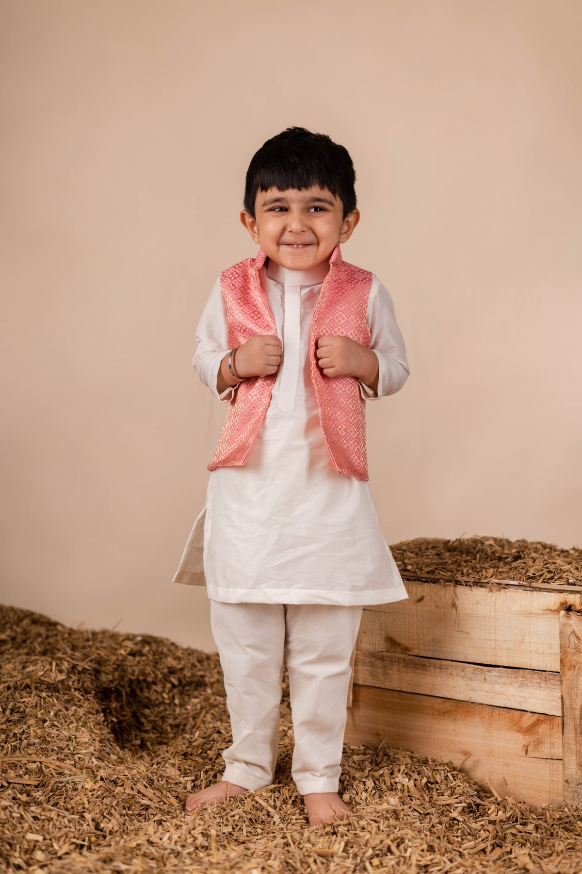 Off White Pink Brocade Kurta Jacket