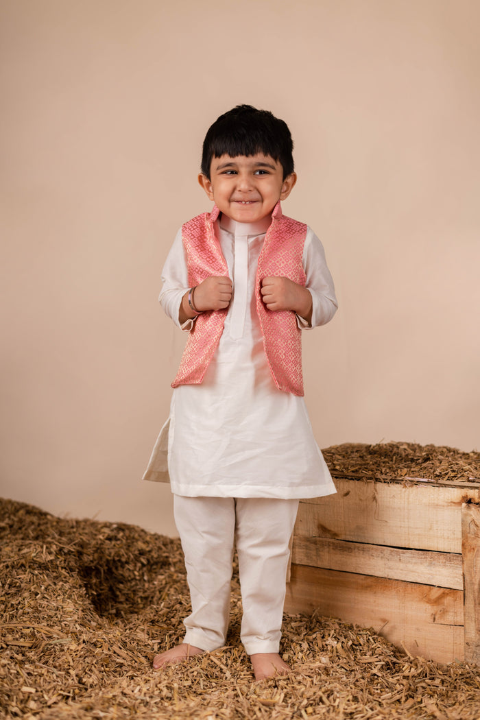 Off White Pink Brocade Kurta Jacket