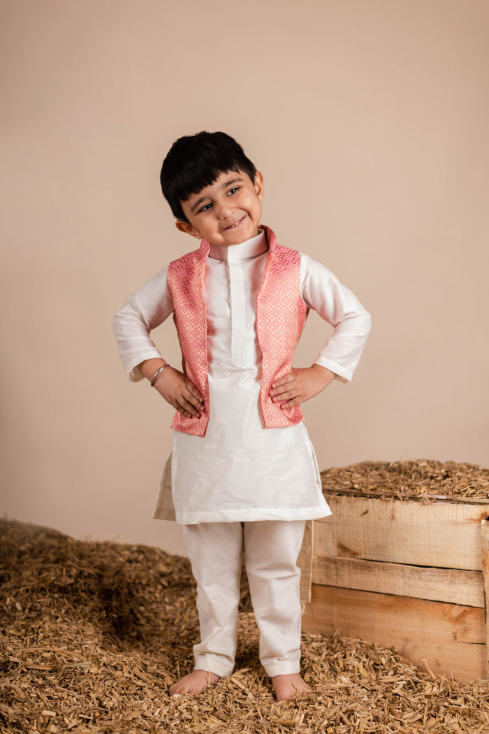 Off White Pink Brocade Kurta Jacket