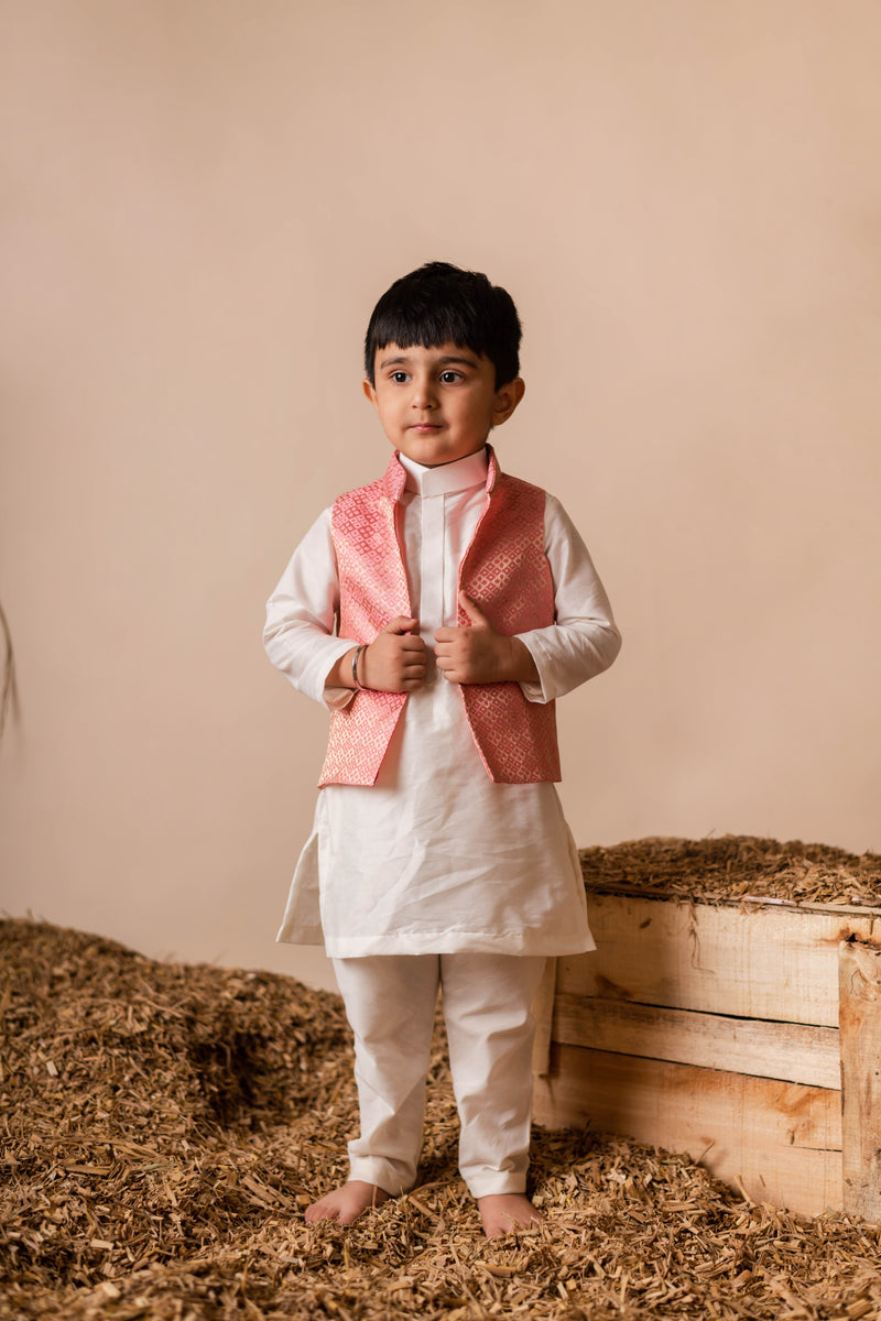 Off White Pink Brocade Kurta Jacket