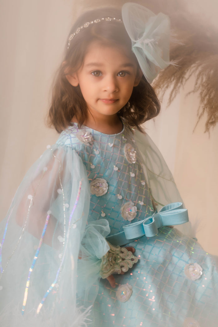 Aqua Cape Sleeves Party Dress