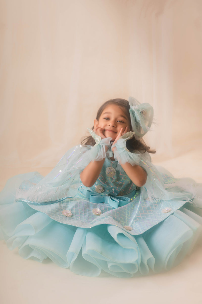 Aqua Cape Sleeves Party Dress