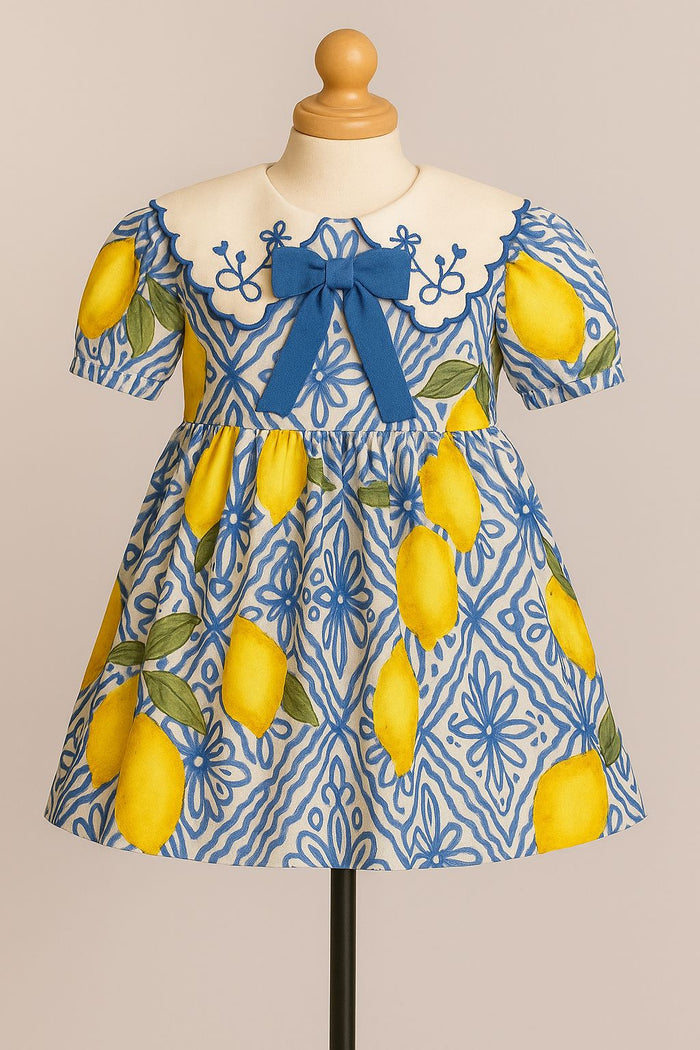 Lemon Tile Print With short sleeve Scalloped Collar Frock