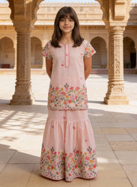 Peach Embroidered Kurti Sharara Set