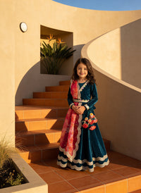 Teal Blue Velvet lehenga choli for Girls