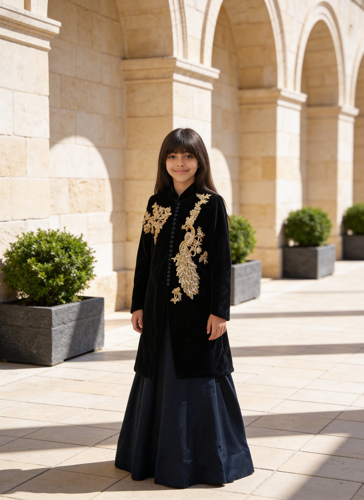 Black Embroidered Long Jacket with Lehenga