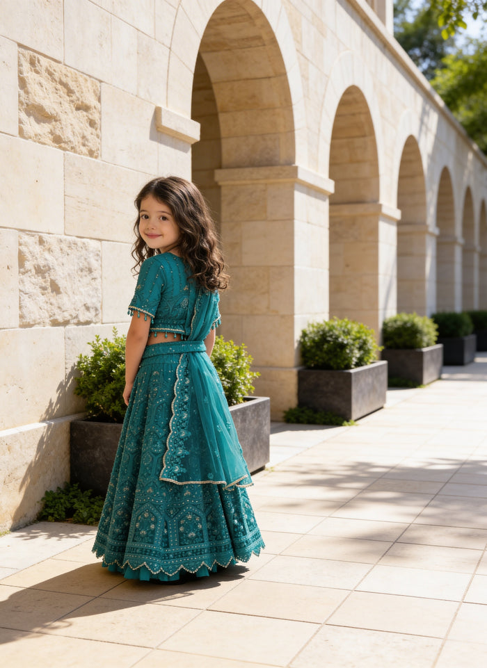 Green Thread Lehenga for Girls