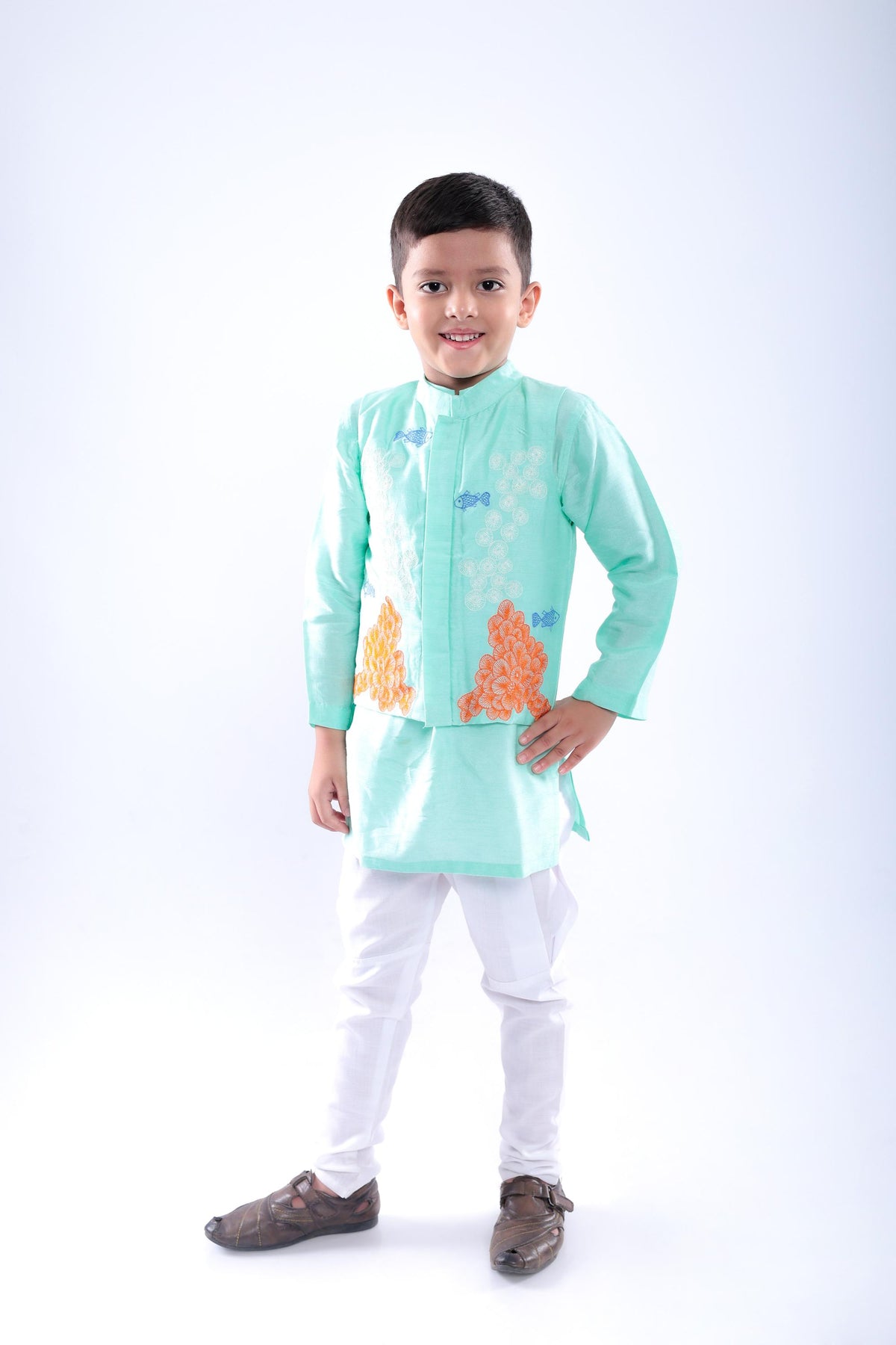 Aqua Coral Embroidered Bandhgala with Kurta and White Pyjama