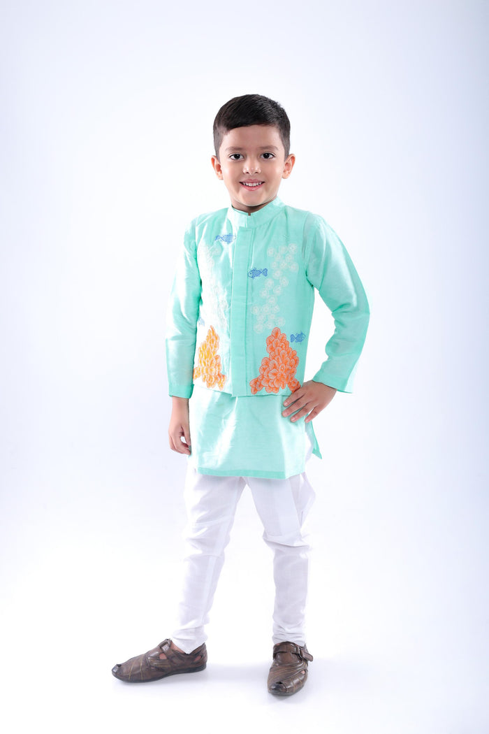 Aqua Coral Embroidered Bandhgala with Kurta and White Pyjama