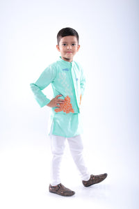 Aqua Coral Embroidered Bandhgala with Kurta and White Pyjama