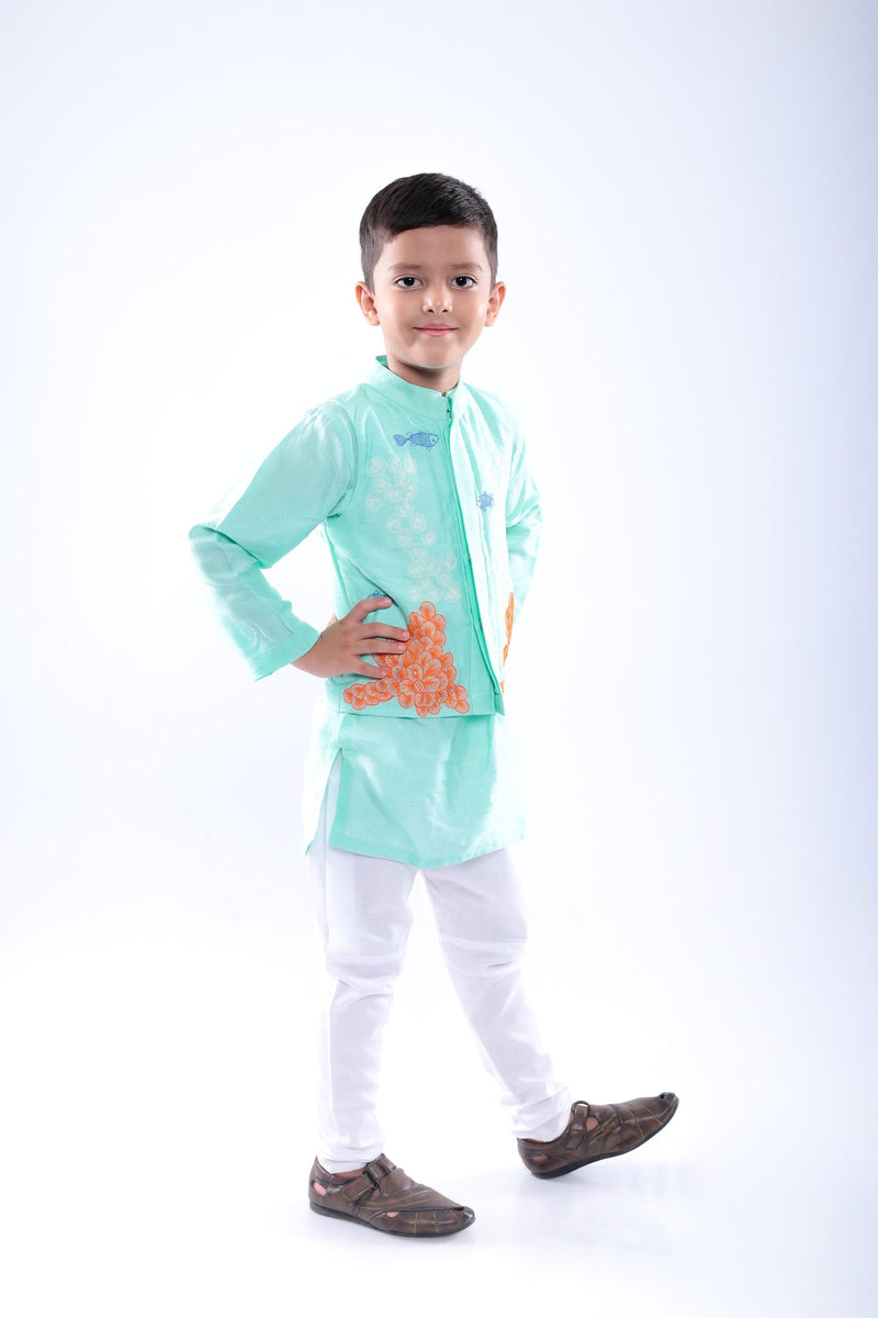 Aqua Coral Embroidered Bandhgala with Kurta and White Pyjama