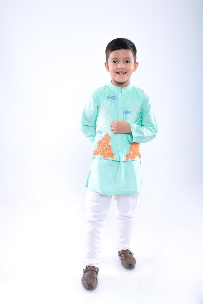 Aqua Coral Embroidered Bandhgala with Kurta and White Pyjama