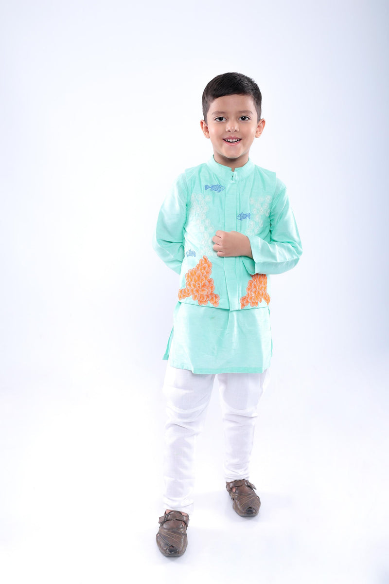Aqua Coral Embroidered Bandhgala with Kurta and White Pyjama