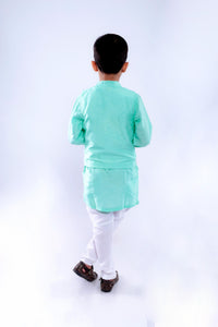 Aqua Coral Embroidered Bandhgala with Kurta and White Pyjama