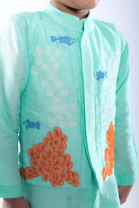Aqua Coral Embroidered Bandhgala with Kurta and White Pyjama