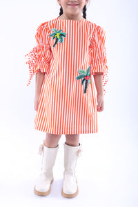 White and Orange Stripe Dress with Embroidered Tree