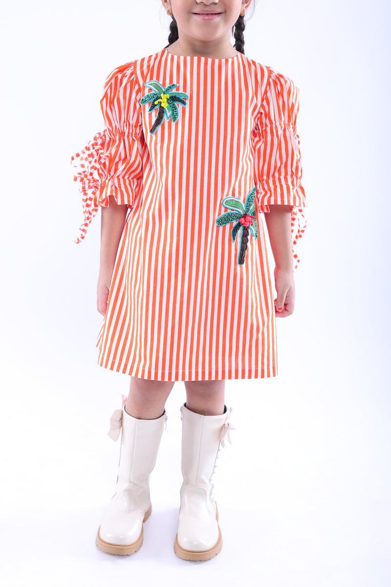White and Orange Stripe Dress with Embroidered Tree