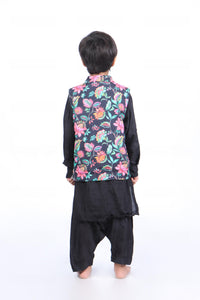 Black Floral Printed Jacket with Black Kurta and Black Patiala