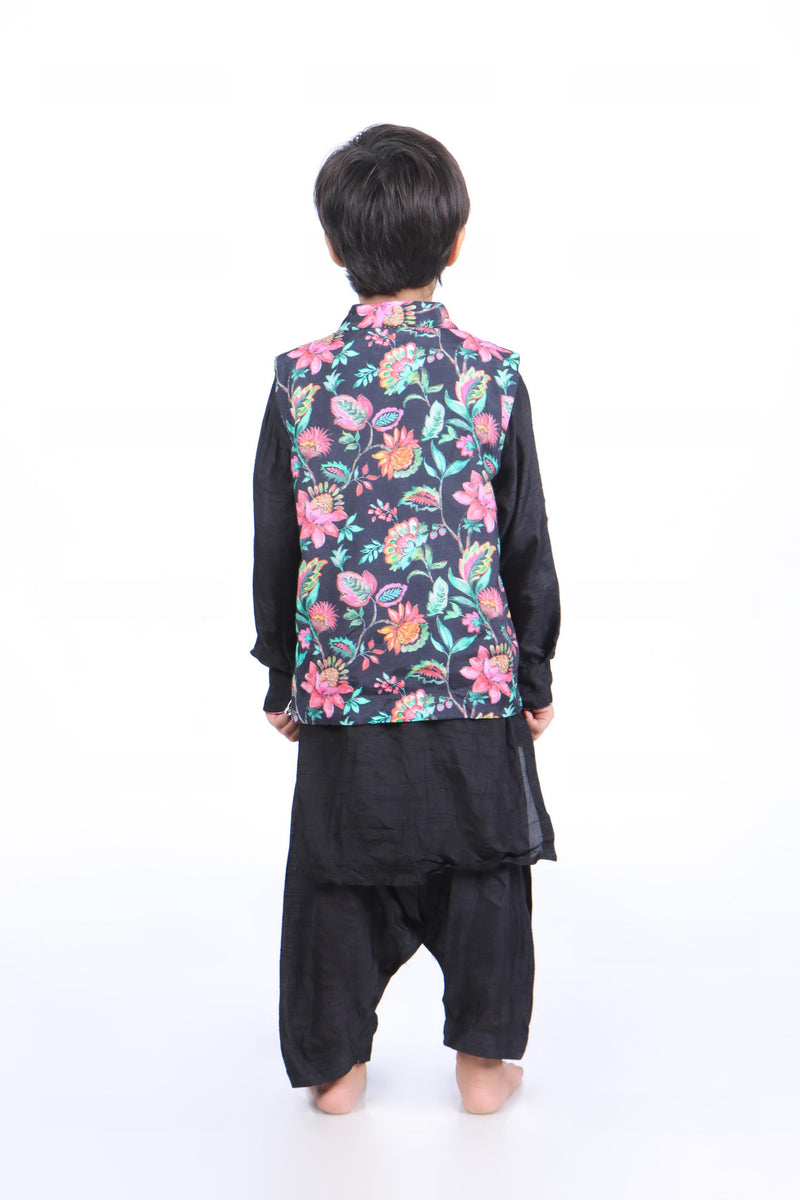 Black Floral Printed Jacket with Black Kurta and Black Patiala