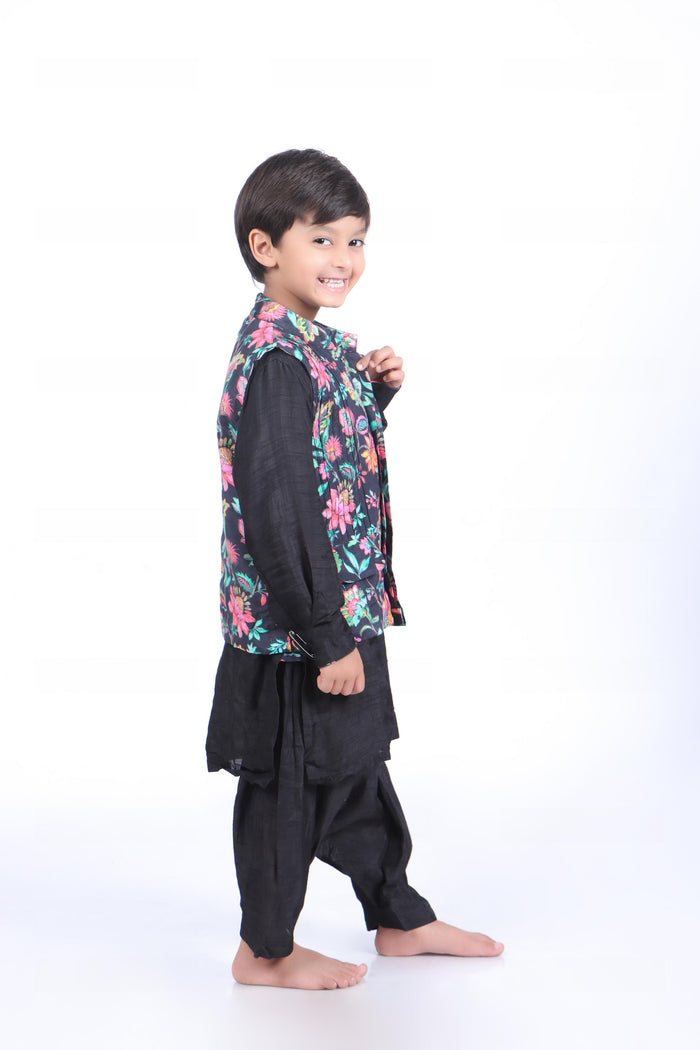 Black Floral Printed Jacket with Black Kurta and Black Patiala
