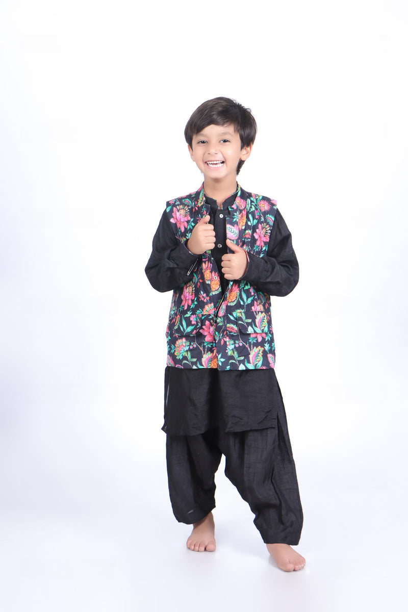 Black Floral Printed Jacket with Black Kurta and Black Patiala