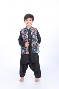 Black Floral Printed Jacket with Black Kurta and Black Patiala