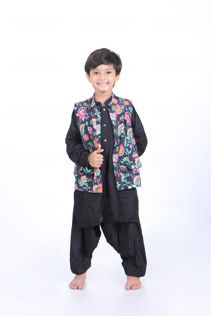Black Floral Printed Jacket with Black Kurta and Black Patiala
