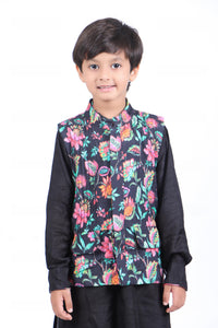 Black Floral Printed Jacket with Black Kurta and Black Patiala