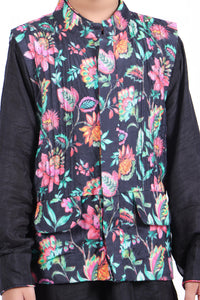 Black Floral Printed Jacket with Black Kurta and Black Patiala