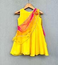 Bright Yellow Ethnic Dress with 3 colour attached dupatta