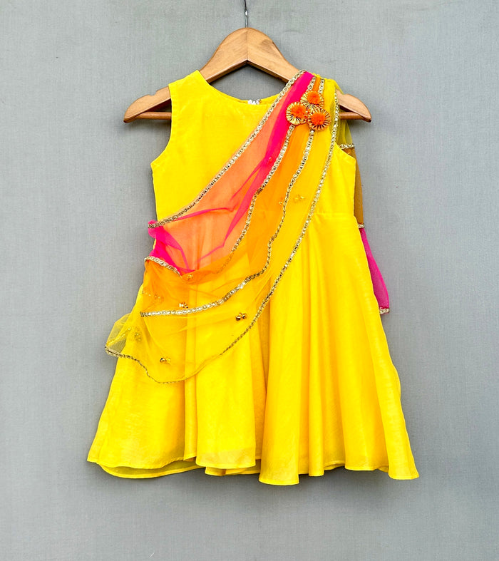 Bright Yellow Ethnic Dress with 3 colour attached dupatta