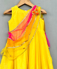 Bright Yellow Ethnic Dress with 3 colour attached dupatta