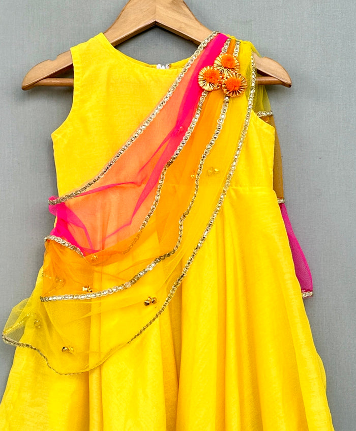 Bright Yellow Ethnic Dress with 3 colour attached dupatta