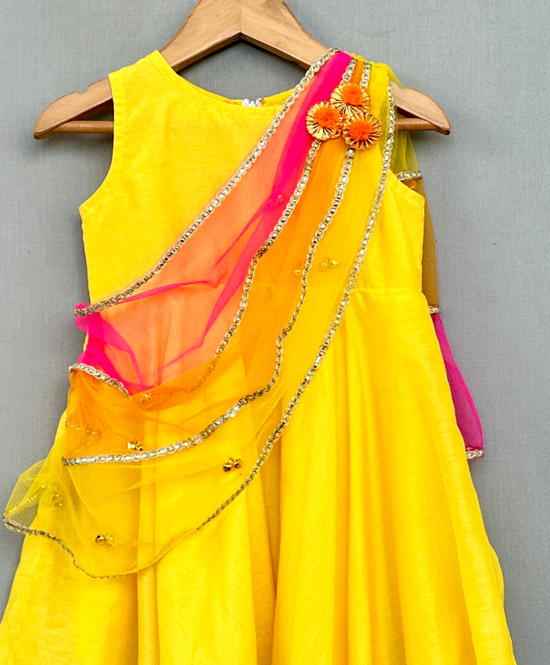 Bright Yellow Ethnic Dress with 3 colour attached dupatta